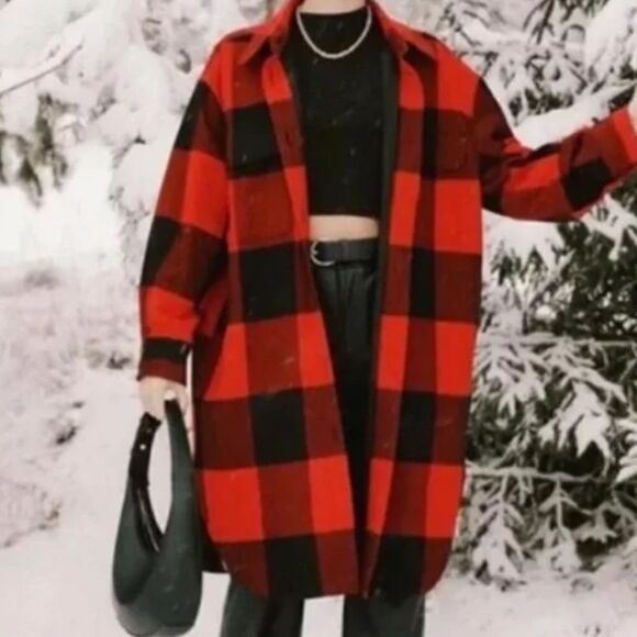 H&M Plaid Oversized Shirt Jacket Shacket Red Black Small Blogger Favorite - Picture 2 of 15